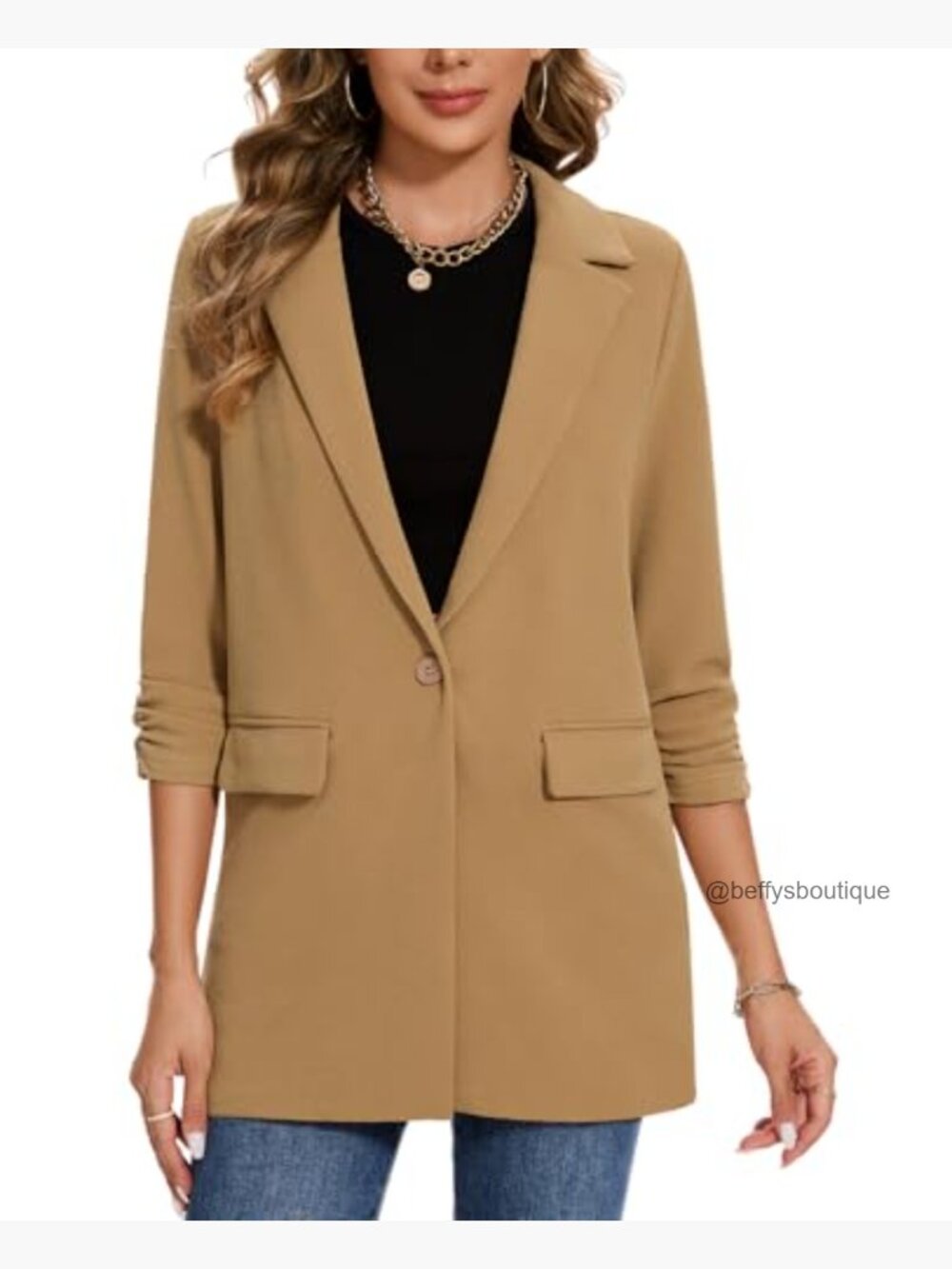 Casual Long Blazer 3/4 Ruched Sleeve Lapel Button Front Work Office Blazer - Picture 7 of 7